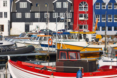 Torshavn harbor in Streymoy Feroe islands. Colorful picturesque housesの写真素材