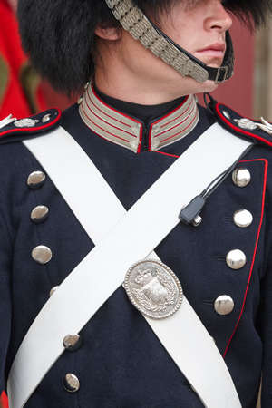 Denmark royal guard sentinel. Copenhaguen tourism landmark ceremonial tradition