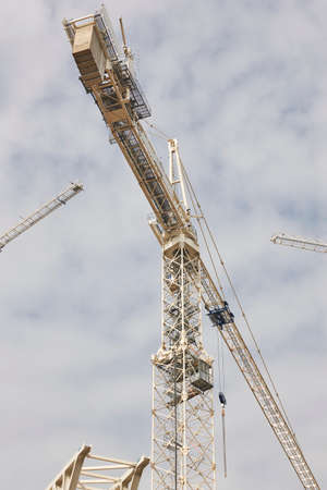 Telescopic cranes under a white sky. Construction engineering industry