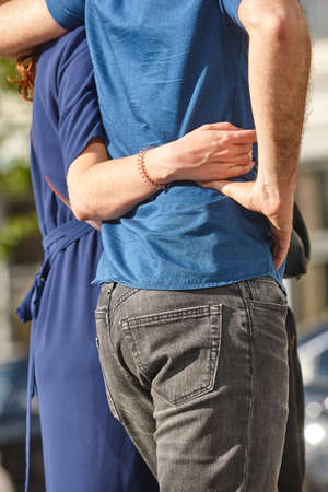 Embracing couple in the city. People in love. Romantic