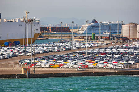 New cars in parking lot ready to be shipped. Motor industryの写真素材