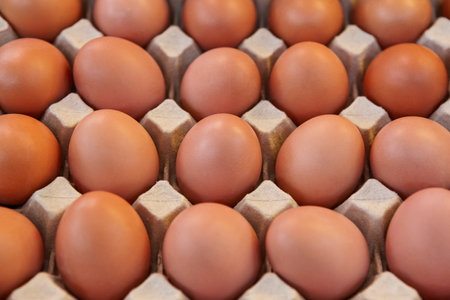 Chicken eggs on a carton packaging. Healthy food cuisine