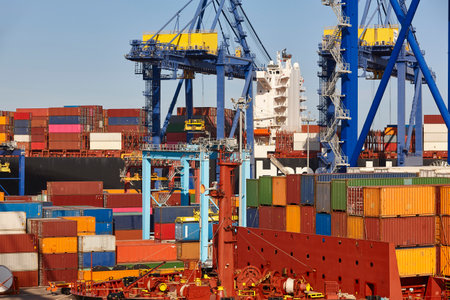 Containers on a vessel. Global market. Cargo shipping. International economy