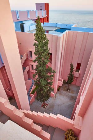 Geometric colored building indoor. Red wall. Calpe, Spain