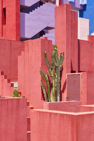 Geometric colored building design. The red wall, La manzanera. Calpe, Spainのeditorial素材