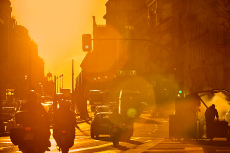 Pollution in Madrid city center streets. Urban traffic downtownの写真素材