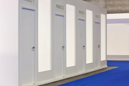 Radio broadcasting cabins in a press conference area. Media productionの写真素材
