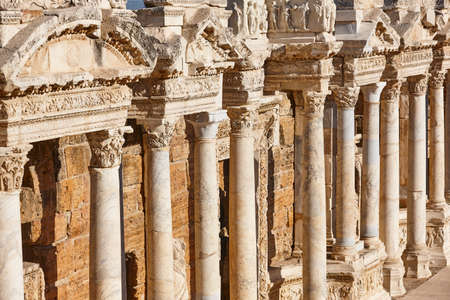 Amphitheatre classic columns in Hierapolis archeology site. Pamukkale, Turkey