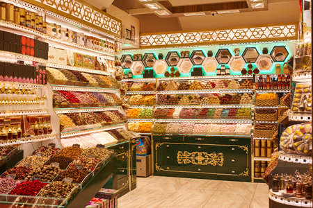 Traditional pastry shop in Istanbul bazaar. Delicious turkish dessertsの写真素材