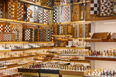 Traditional wooden and ivory chessboards for sale. Bazaar store. Turkey