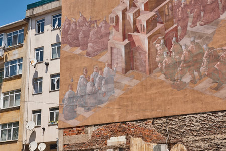 Picturesque building wall with graffiti in Kadikoi city. Istanbul, Turkeyの写真素材