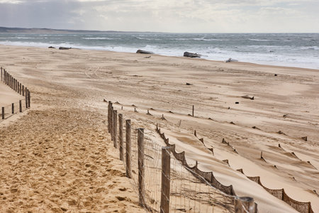 Bunkers in Arcachon bay sand beach. Aquitaine, Franceの写真素材