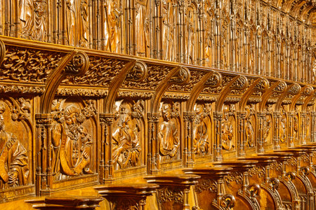Cathedral interior in Zamora. Religious wooden choir stalls. Spainの写真素材