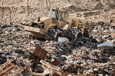 Heavy machinery shredding garbage in an open air landfill. Wasteの写真素材