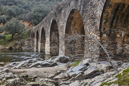 Antique stone bridge in Alagon river. Sotoserrano, Salamanca. Spainの写真素材