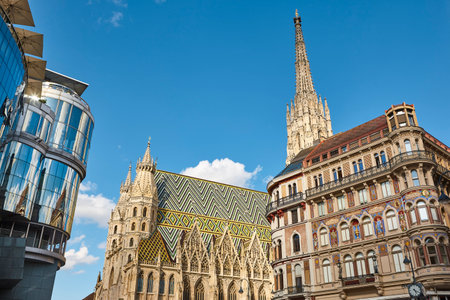 St. Stephans cathedral multicolored rooftop in Vienna city center. Austriaの写真素材