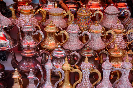 Tea cups services in grand bazaar market in Istanbul. Turkeyの写真素材