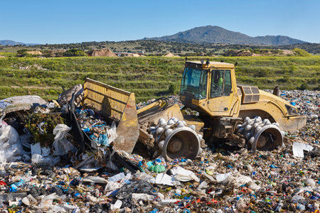 Heavy machinery shredding garbage in an open air landfill. Wasteの写真素材
