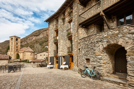 Traditional medieval village with romanesque church in Girona, Catalonia. Spain