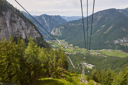 Cable car to Five fingers viewpoint and Hallstater lake. Austriaの写真素材