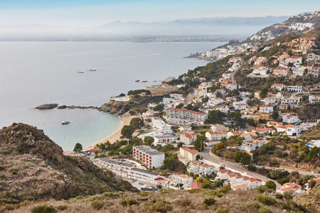 Almadrava beach. Roses bay. Mediterranean coastline in Girona, Catalonia. Spainの写真素材