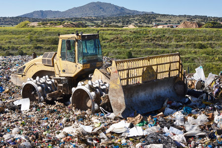 Heavy machinery shredding garbage in an open air landfill. Wasteの写真素材