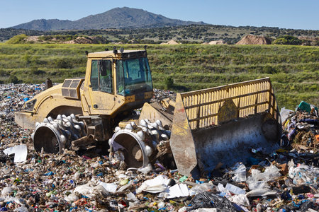 Heavy machinery shredding garbage in an open air landfill. Wasteの写真素材