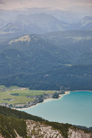 Mondsee lake and Alpine range in Salzburg region. Austria landmarkの写真素材