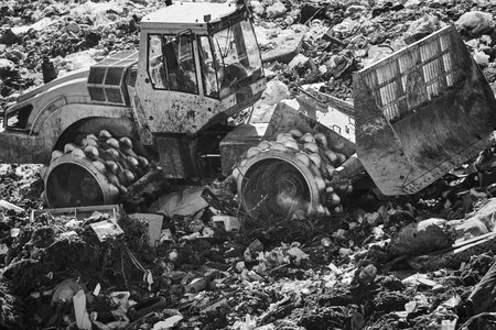 Heavy machinery shredding garbage in an open air landfill. Wasteの写真素材