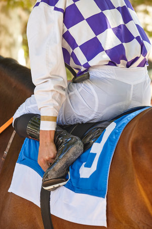 Race horse detail and jockey. Purebred in the hippodrome. Derbyの写真素材