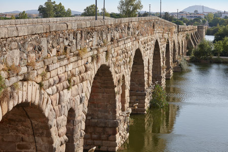 Ancient Roman bridge over Guadiana bridge. Merida, Badajoz. Extremadura, Spainの写真素材