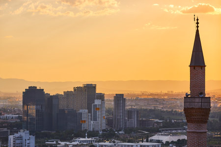 Ankara skyline with minaret at sunset. Capital city of Turkeyの写真素材