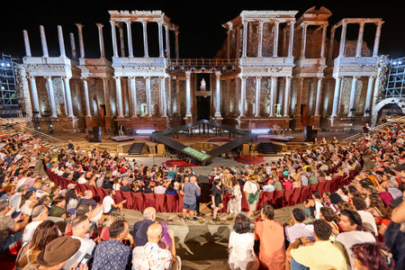Amphitheatre of Merida archaeological site by night. Classical theatre. Badajozの写真素材