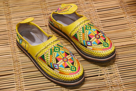Traditional Moroccan colorful handmade leather slippers. Moroccan bazaar.の写真素材