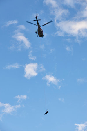 Helicopter rescue team training simulation. Emergency