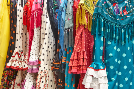 Traditional multicolored Flamenco costume. Elegant woman andalusian dresses. Spainの写真素材