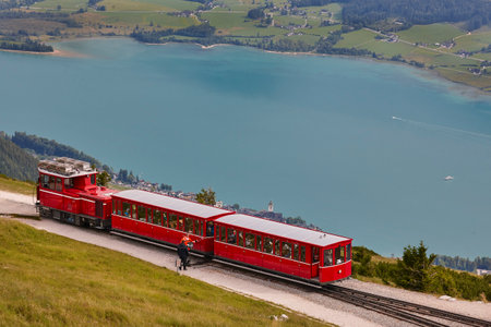 Mondsee lake and Schafberg train. Salzburg region. Austria landmarkの写真素材