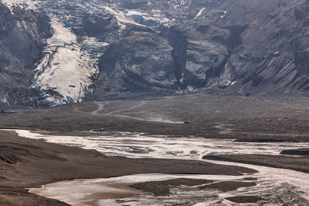Eyjafjalajokul volcanic area. 4wd vehicle crossing a river.  South Iceland
