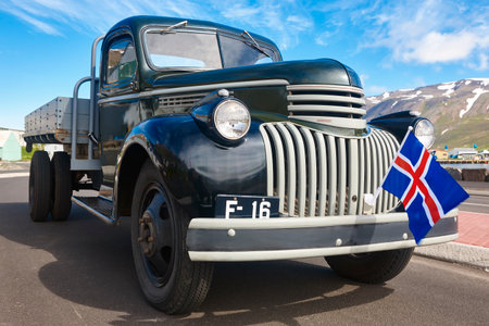 Classic truck parked in the street. Icelandic flag. Icelandの写真素材