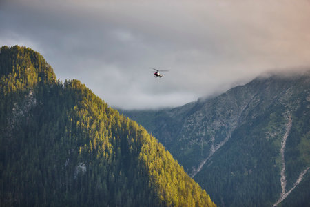 Helicopter rescue training simulation in a mountain range wood. Emergencyの写真素材