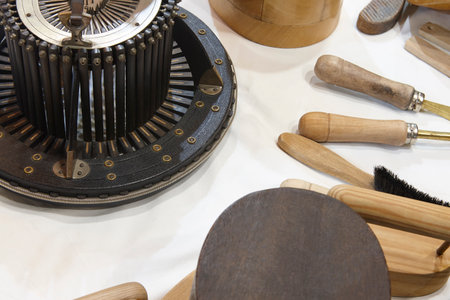 Traditional millinery workshop tools set. Hatmaking milliner accesories. Fashionの写真素材