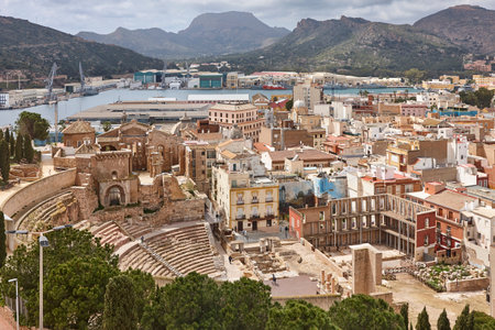 Cartagena skyline. Antique roman theater, cathedral and harbor. Murcia, Spainの写真素材
