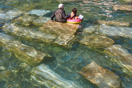 Thermal pool in archeological site of Hierapolis. Pamukkale landmark, Turkeyの写真素材