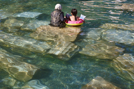 Thermal pool in archeological site of Hierapolis. Pamukkale landmark, Turkeyの写真素材