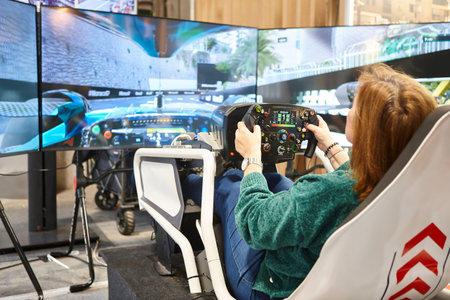 Race driving simulator console player. Virtual driver control and perfomance.