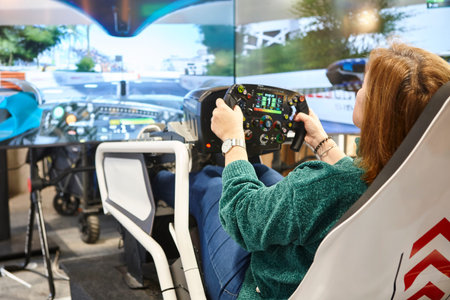 Race driving simulator console player. Virtual driver control and perfomance.
