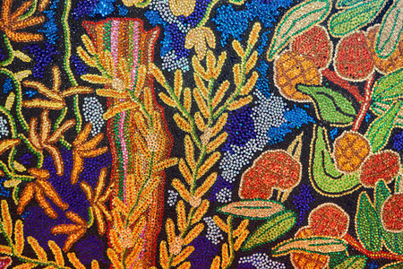 Multicolored sequined background with tropical elements. Glittering textured decoration