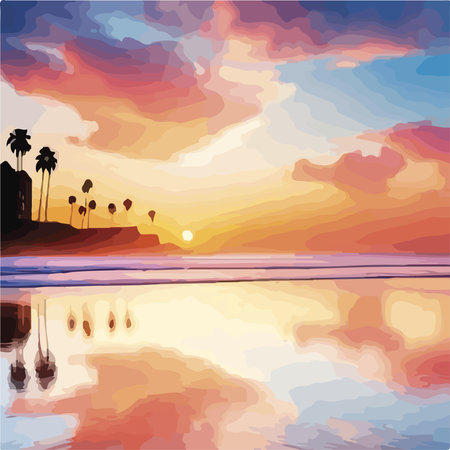 The sea in the evening, the sun is settingのイラスト素材