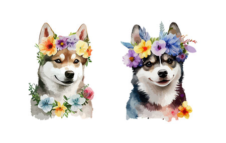 Cute Siberian Husky dog watercolor isolated on white background. Cute portrait of dog with spring or...