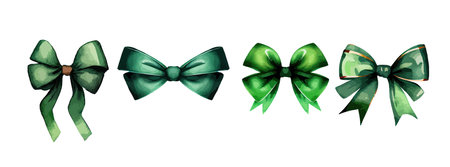 Green bow watercolor set isolated on white background. Saint pattrick day decorative elements collection. Vector illustration.のイラスト素材